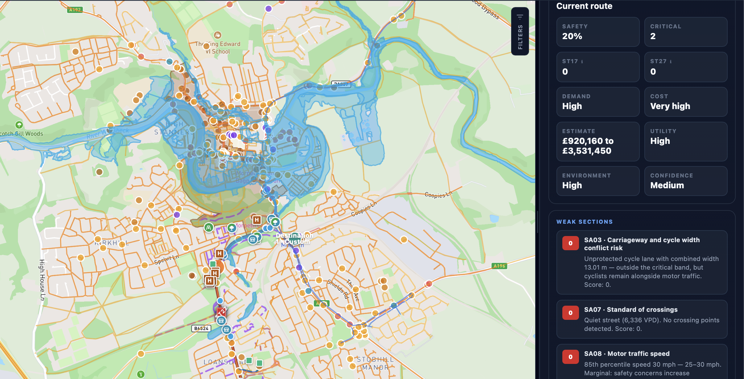 StreetVision browser route optioneering workspace showing network context layers, generated route options and route inspector